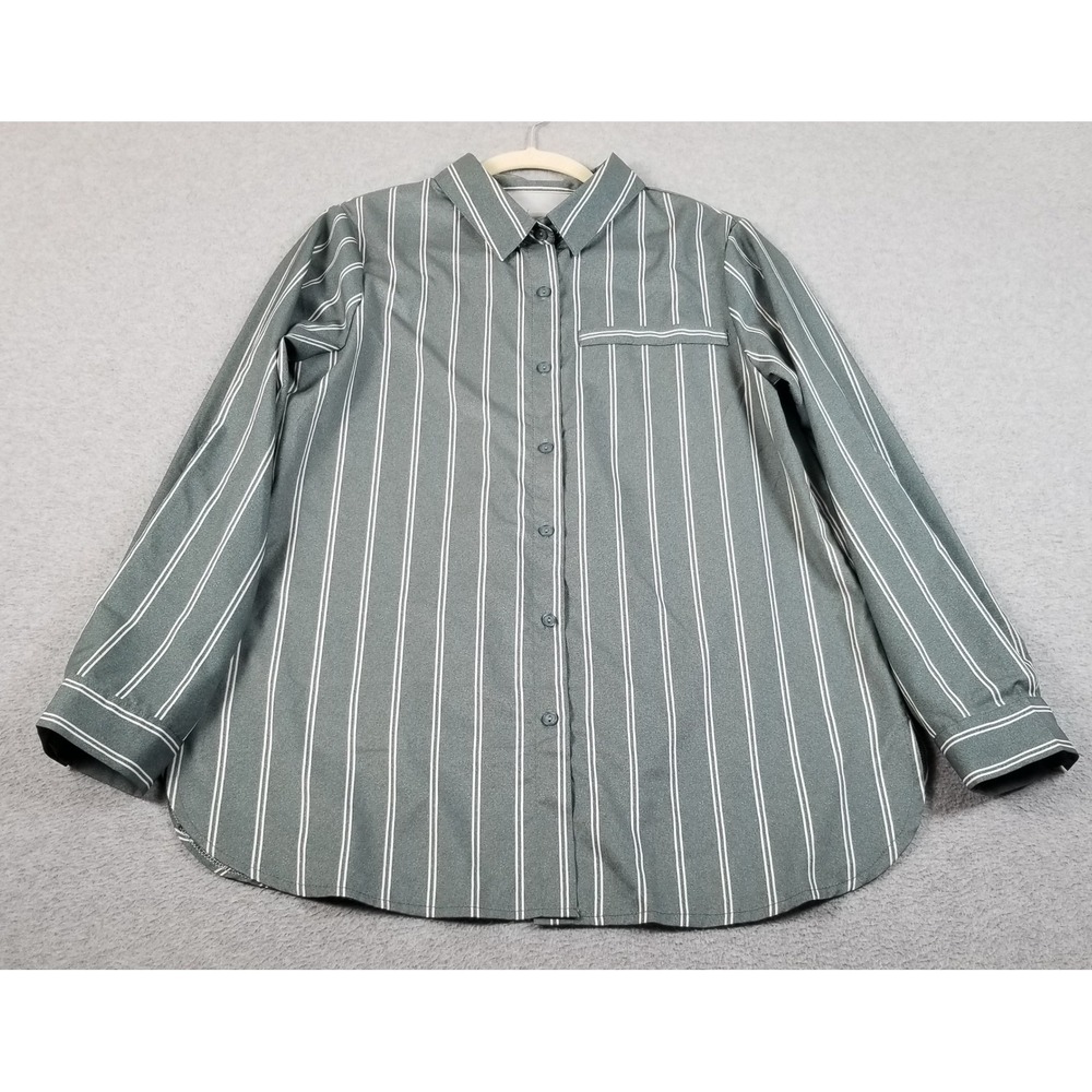 Button Up Shirt Womens Large Green White Vertical Striped Long Sleeve Casual Top